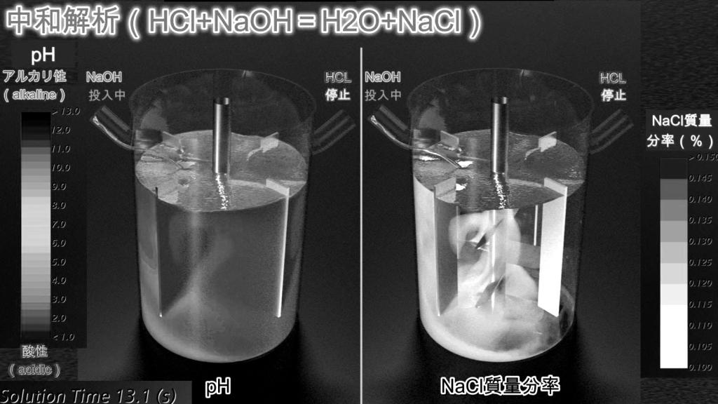 溶液の化学反応をシミュレーションし、pHや塩分濃度の分布を視覚化