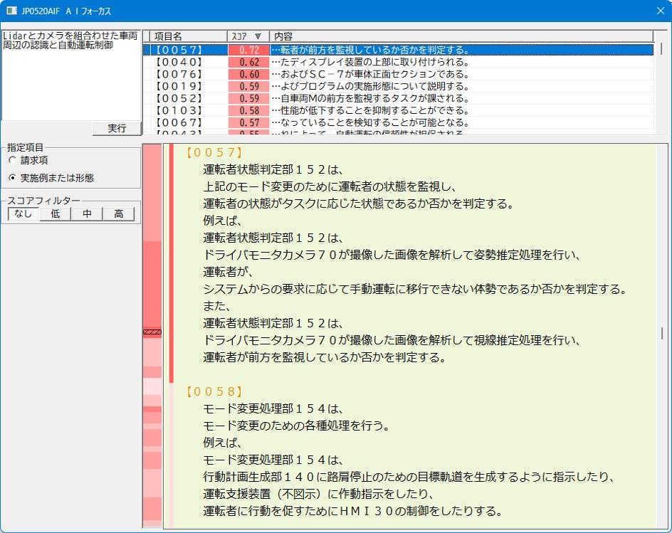 ＡＩフォーカスの検索結果画面。
調べたい情報に関する
文章を入力すると、ＡＩが特許公報から類似箇所をピックアップする