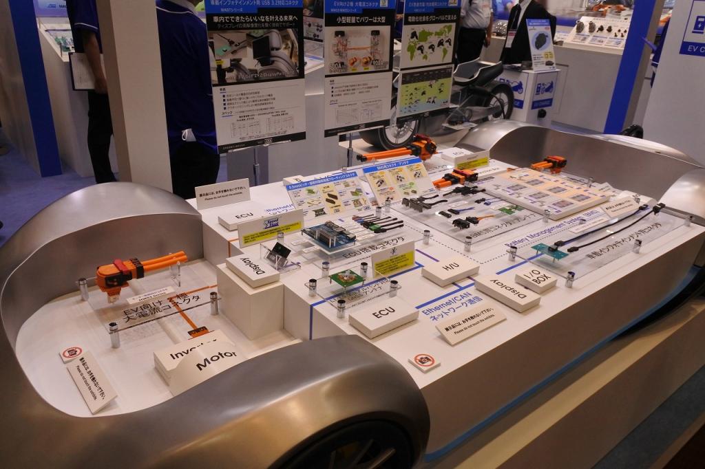 人とくるまのテクノロジー展　２０２４　ＹＯＫＯＨＡＭＡでは多くの車載用コネクターが展示された。（日本航空電子工業ブース）