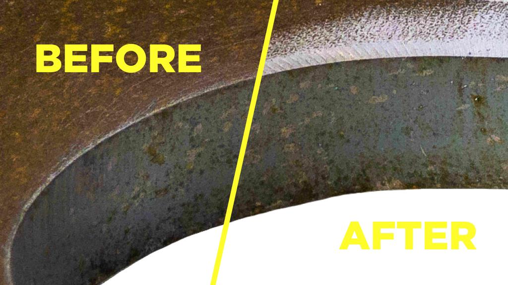 研磨エンドエフェクターによる自動化均一除去。バリ・黒皮・錆を除去し、滑らかに仕上げる