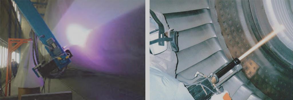 風車タワーへの防食コーティング（左）と地熱タービン・ロータへの耐食・耐摩耗コーティング