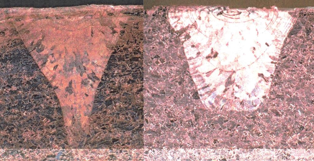 【<strong>写真２</strong>】 <strong>銅の溶接のビード形状</strong>（㊧ハイブリッド㊨ハイブリッドウォブリング）＝レーザックス提供