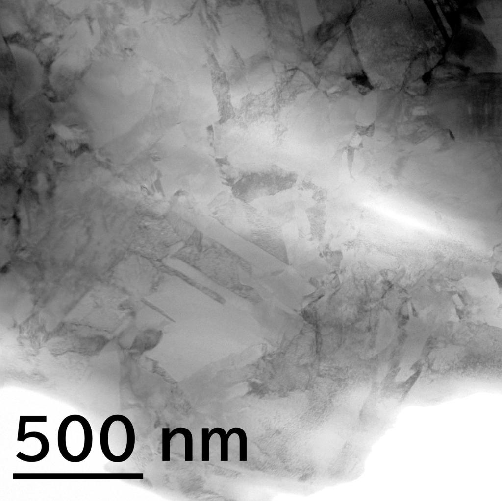 写真　開発ｂｃｃ　ＦｅＣｏＮｉ　ＭＥＡの走査透過電子顕微鏡写真（明視野像）。粗大な結晶粒の間隙にナノ結晶が分布した独特の組織を有する