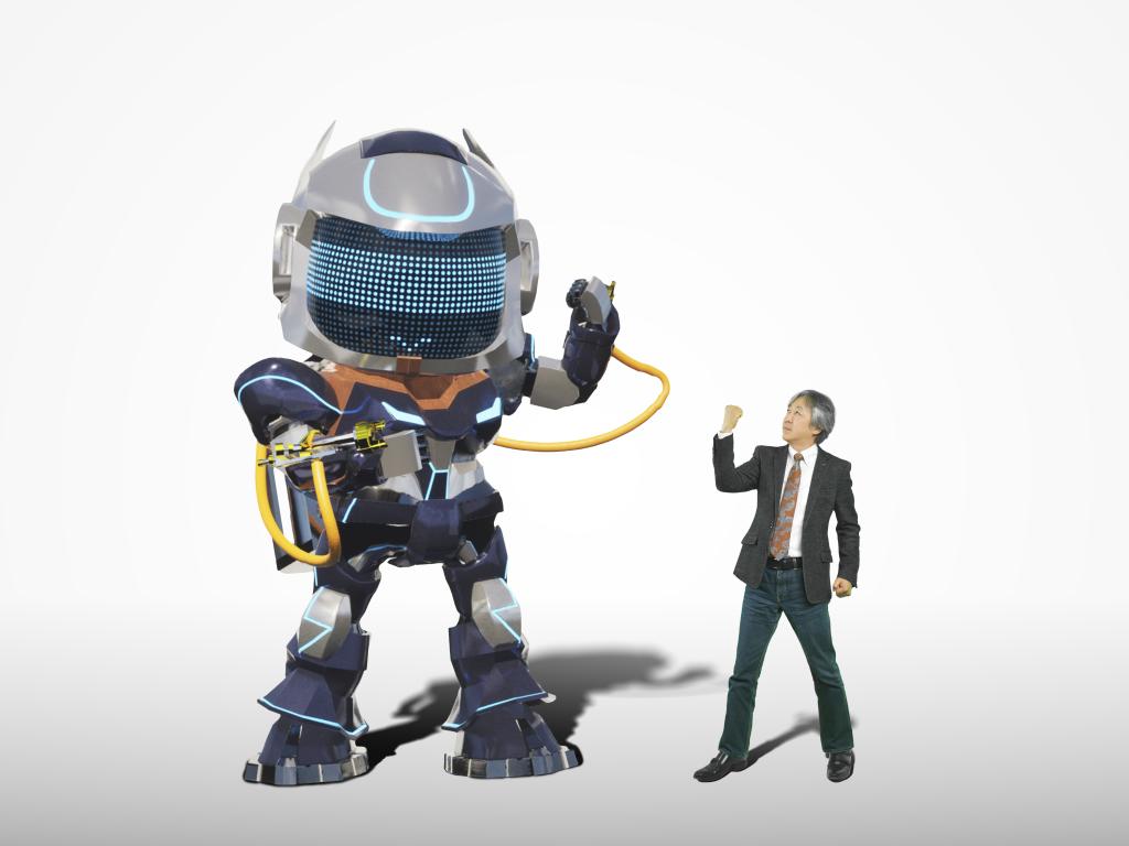 藤池社長（右）とでさん子ロボ