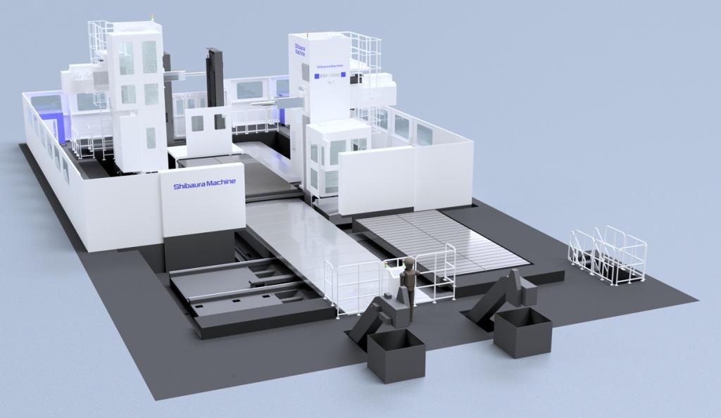 写真１　横中ぐり盤対向機。加工物を旋回させることなく両側から同時かつ連続して切削加工が可能