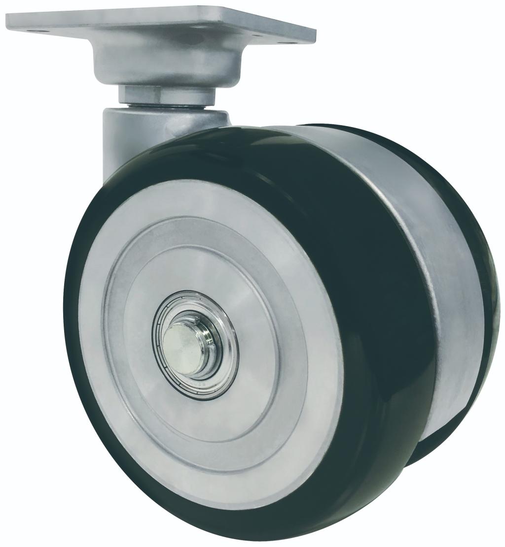 東海キャスターの超重量用双輪キャスター「ＴＳＹ２００」。金具旋回部分に高負荷用軸受を採用することで、高荷重でも優れた旋回性を発揮する