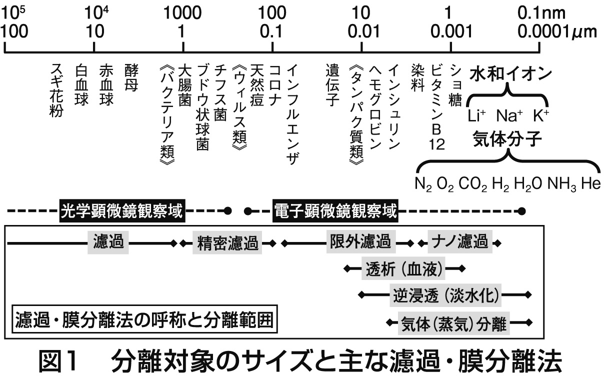 図１　分離対象のサイズと主な濾過・膜分離法