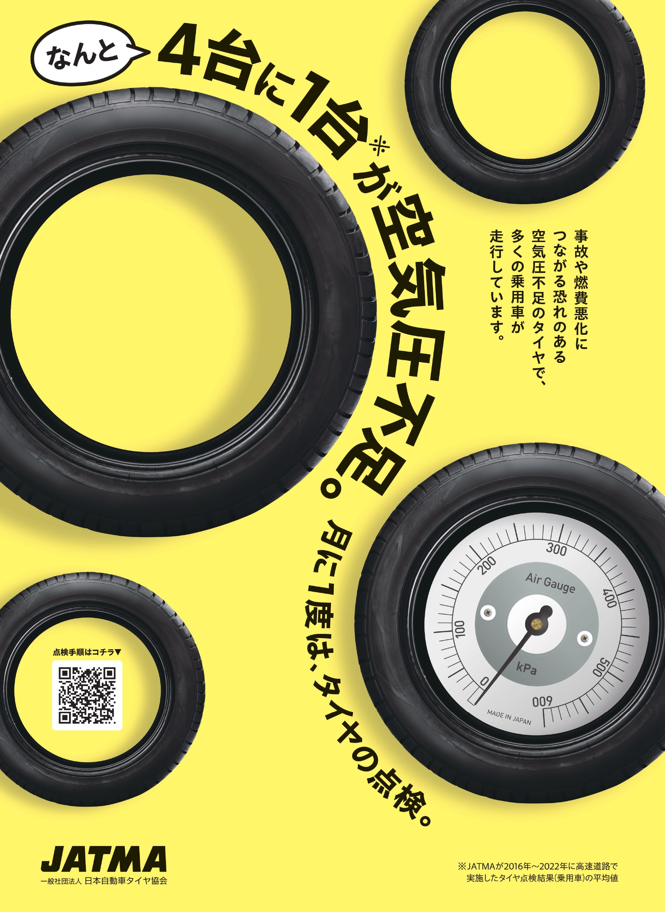 タイヤの日のタイヤ点検ポスター(ＱＲコードからも空気圧点検手順 のイラストが閲覧できる)