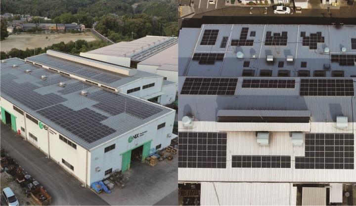 自社拠点に太陽光パネルを設置。（右）上空から見た山口第一工場（左）三重県のオーネックステックセンター